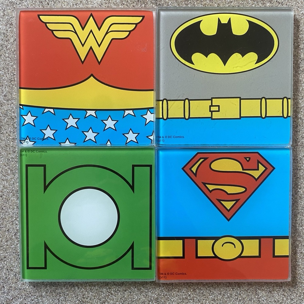 Justice League DC Comics Glass Coaster Set Superman Batman Wonder Woman 4 Pack